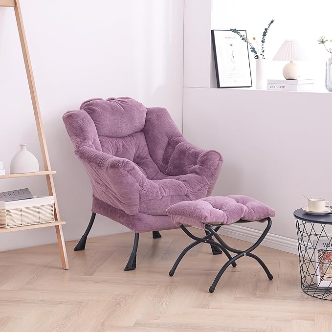 LITA Lazy Chair with Ottoman, Modern Accent Leisure Upholstered Sofa Chair, Lounge Reading Chair with Armrests and a Side Pocket for Living Room, Bedroom & Small Space - LeafyLoom