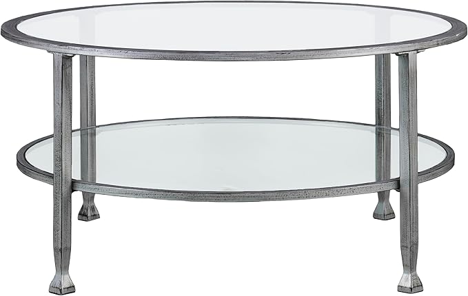 SEI Furniture Jaymes Metal & Glass Round 2-Tier Coffee Table, Silver/Black Distressing - LeafyLoom