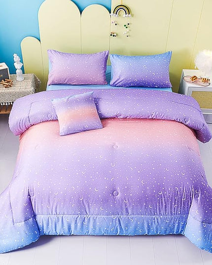URBONUR Twin Comforter Set for Girls 6Pcs Gradient Purple Orange Blue Moon Star Printed Bed in a Bag Soft Breathable Bedding Set for All Season (Star, Twin Size) - LeafyLoom