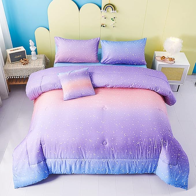 URBONUR Twin Comforter Set for Girls 6Pcs Gradient Purple Orange Blue Moon Star Printed Bed in a Bag Soft Breathable Bedding Set for All Season (Star, Twin Size) - LeafyLoom