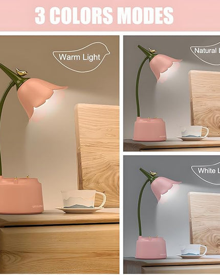 Cute LED Desk Lamp Kawaii Desk Accessories, Flower Bird Table lamp USB Rechargeable, 3 Color Modes, Stepless Dimming, Touch-Sensitive Switch Kawaii Room Decor Lamp, Eye Caring Reading Lamp (Pink) - LeafyLoom