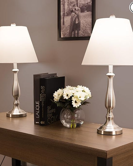 Brushed Steel Table Lamps - Set of 2 Traditional Accent Lights with LED Bulbs - Home Décor for Bedroom, Living Room, Office, or Entry by Lavish Home - LeafyLoom