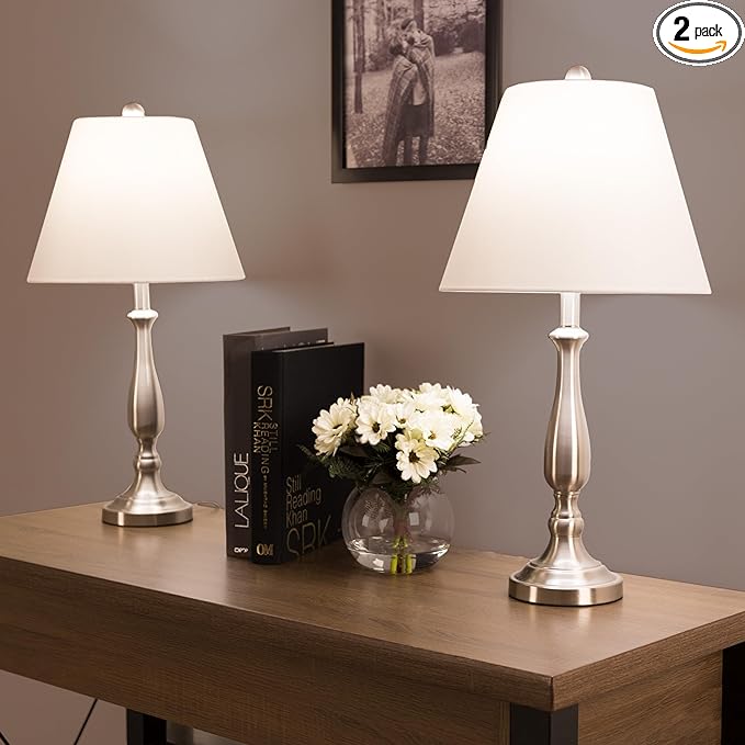 Brushed Steel Table Lamps - Set of 2 Traditional Accent Lights with LED Bulbs - Home Décor for Bedroom, Living Room, Office, or Entry by Lavish Home - LeafyLoom