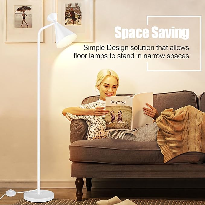 PARTPHONER Floor Lamp for Living Room, Modern Adjustable Metal Heads Standing Lamps, Simple Design White Floor Lamp with Foot Switch for Bedroom, Office, Kids Room, Reading, Working(Bulb Not Included) - LeafyLoom