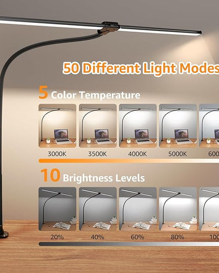 ShineTech Led Desk Lamp for Office Home, Bright Double Head Desk Light with Clamp, Architect Task Lamp 50 Lighting Modes Adjustable Flexible Gooseneck - LeafyLoom
