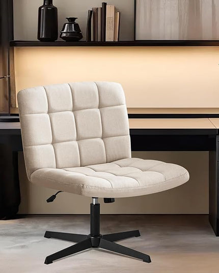 Furniliving Linen Office Desk Chair No Wheels, Armless Swivel Home Office Chair Height Adjustable Wide Office Chair for Bedroom, Modern Mid Back Accent Chair Computer Task Chair, Beige - LeafyLoom