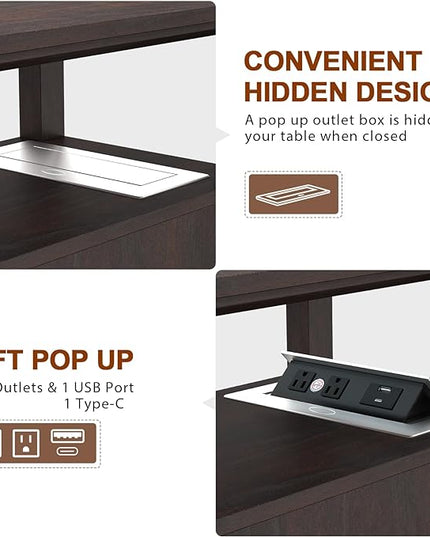 HIFYOBRO End Table with 2 Drawers, Storage Side Table with Flip Top Fast Charging Station, Type-C & USB port & Power outlets, Wooden Storage Cabinet for Living Room and Bedroom - LeafyLoom