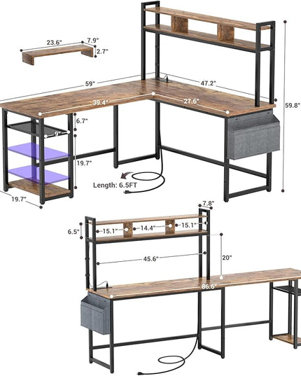 Aheaplus L Shaped Desk with Power Outlet & LED Strip, Reversible L-Shaped Corner Computer Desks Gaming Desk with Storage Shelf & Monitor Stand, Modern Home Office Desk, Writing Desk, Rustic Brown - LeafyLoom