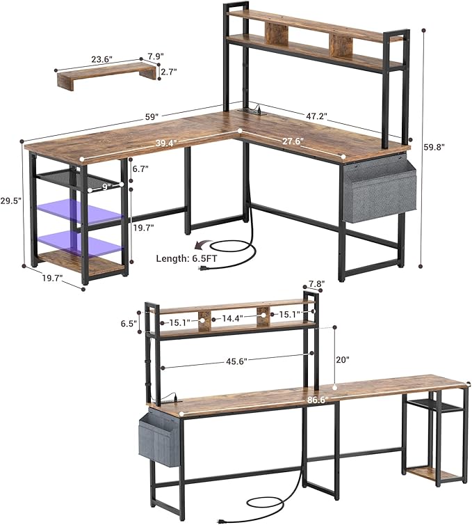Aheaplus L Shaped Desk with Power Outlet & LED Strip, Reversible L-Shaped Corner Computer Desks Gaming Desk with Storage Shelf & Monitor Stand, Modern Home Office Desk, Writing Desk, Rustic Brown - LeafyLoom
