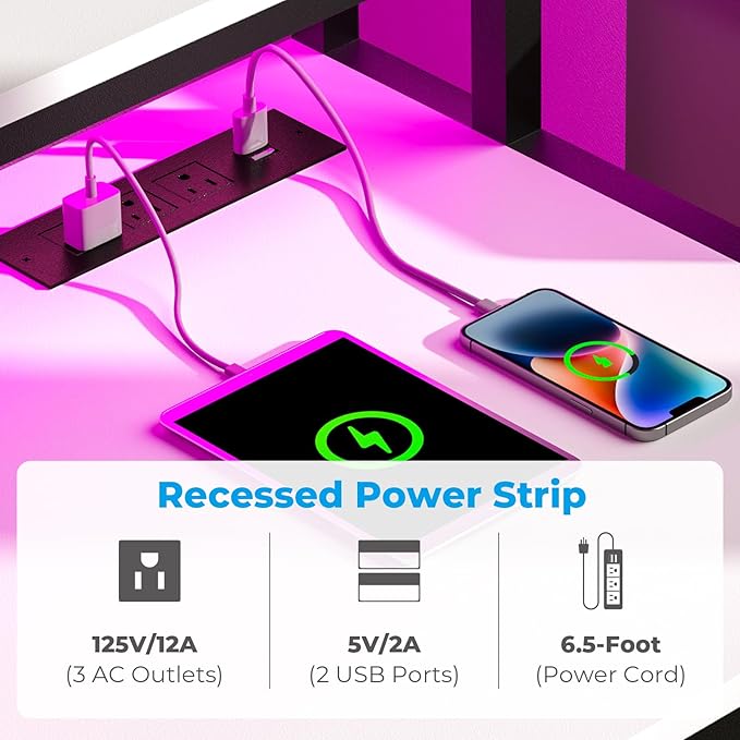 GreenForest Small Desk for Bedroom, 39.4 inch Computer Desk with 2 Drawers, Gaming Desk with LED Light and Power Outlet, Reversible Office Desk with Monitor Stand, Desk for Small Spaces, White - LeafyLoom