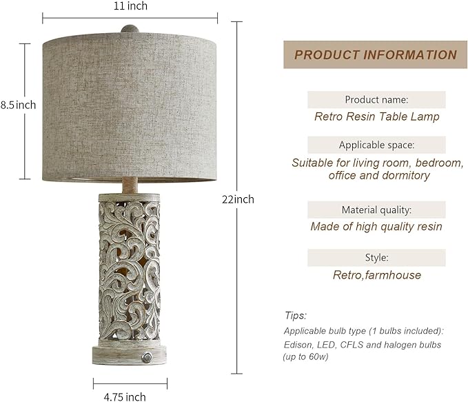 OYEARS 3-Way Dimmable 22'' USB A+C Touch Control Table Lamp with Nightlight for Living Room Bedroom Farmhouse Bedside Nightstand Lamps (Bulb Included) - LeafyLoom