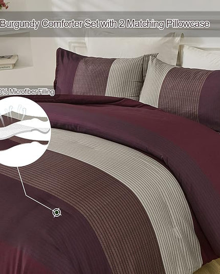 WONGS BEDDING Burgundy Comforter Set Queen, Reversible Burgundy Stripe Down Alternative Comforter for All Season,3 Pieces(1 Comforter+2 Pillowcases), Soft Microfiber Bedding Duvet Set 90”×90” - LeafyLoom