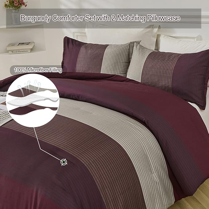 WONGS BEDDING Burgundy Comforter Set Queen, Reversible Burgundy Stripe Down Alternative Comforter for All Season,3 Pieces(1 Comforter+2 Pillowcases), Soft Microfiber Bedding Duvet Set 90”×90” - LeafyLoom