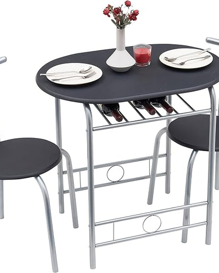 VECELO 3 Piece Small Round Dining Table Set for Kitchen Breakfast Nook, Wood Grain Tabletop with Wine Storage Rack, Save Space, 31.5 Inch, Black and Silver - LeafyLoom