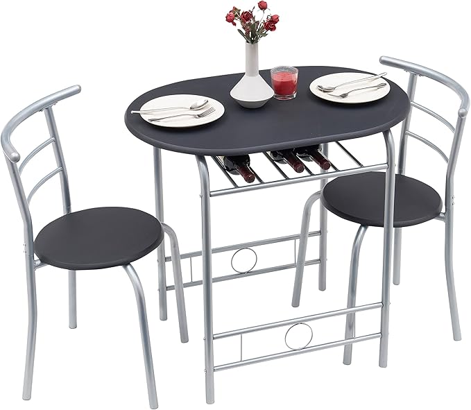 VECELO 3 Piece Small Round Dining Table Set for Kitchen Breakfast Nook, Wood Grain Tabletop with Wine Storage Rack, Save Space, 31.5 Inch, Black and Silver - LeafyLoom