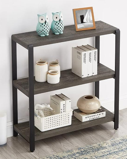 Bookshelf and Bookcase, 3 Tier Vintage Shelf for Office, Rustic Wood and Metal Book Shelves, Grey - LeafyLoom