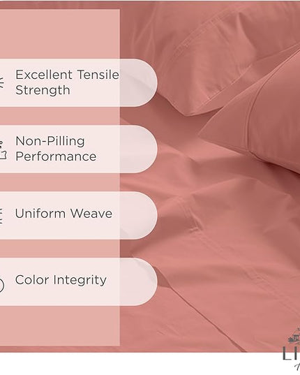 100% Cotton Percale Sheets Twin XL Size, Rose Clay, Deep Pocket, 4 Pieces Sheet Set - 1 Flat, 1 Deep Pocket Fitted Sheet and 2 Pillowcases, Crisp Cool and Strong Bed Linen - LeafyLoom