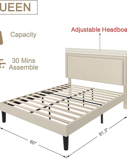 VECELO Queen Size Platform Bed Frame with Height Adjustable Upholstered Headboard, Modern Mattress Foundation,Strong Wood Slat Support, No Box Spring Needed, Easy Assembly - LeafyLoom
