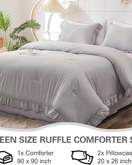 Gray Double Ruffle Comforter Set Queen Size (90x90 Inch), 3 Pcs Grey Farmhouse Vintage Comforter Set (1 Ruffled Comforter and 2 Pillowcase), Rustic All Season Down Alternative Bedding Set - LeafyLoom