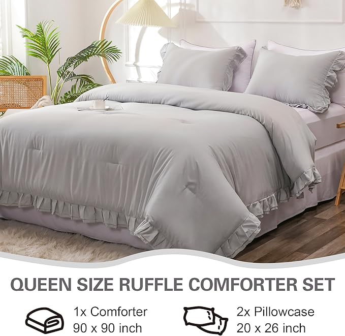 Gray Double Ruffle Comforter Set Queen Size (90x90 Inch), 3 Pcs Grey Farmhouse Vintage Comforter Set (1 Ruffled Comforter and 2 Pillowcase), Rustic All Season Down Alternative Bedding Set - LeafyLoom