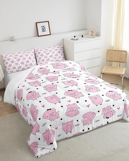 Erosebridal Pink Pig Comforter Set for Girls Kawaii Room Decor King,Cute Pigs Bedding Set for Kids Boys Children Farm Animal Quilted Duvet Sets Cartoom Style Soft Lightweight Down Comforter 3 Pcs - LeafyLoom
