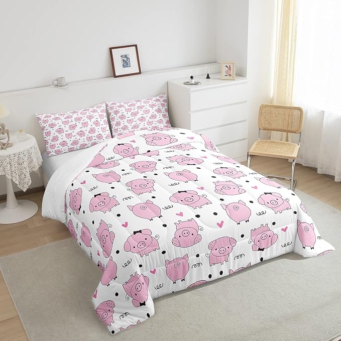 Erosebridal Pink Pig Comforter Set for Girls Kawaii Room Decor King,Cute Pigs Bedding Set for Kids Boys Children Farm Animal Quilted Duvet Sets Cartoom Style Soft Lightweight Down Comforter 3 Pcs - LeafyLoom