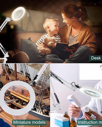 10X Magnifying Glass with Light, Krstlv Real Glass Lens Desk Lamp & Clamp, 3 Color Modes Stepless Dimmable, Hands Free LED Lighted Magnifier with Light and Stand for Reading Crafts Close Works - White - LeafyLoom
