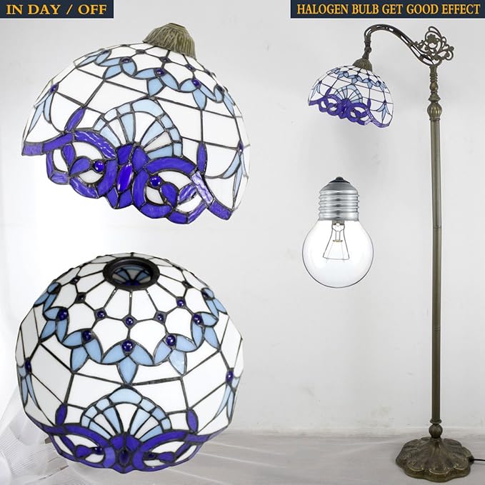 WERFACTORY Tiffany Floor Lamp Navy Blue White Stained Glass Arched Lamp 12X18X64 Inches Gooseneck Adjustable Corner Standing Reading Light Decor Bedroom Living Room S003B Series - LeafyLoom