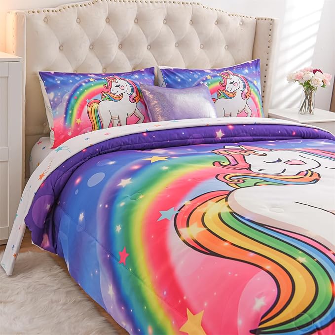 Aimuan Girls Unicorn Comforter Set 3 Pieces Pink Purple Bedding Set with Rainbow Star Galaxy Stars Fantasy Children Room Decor Soft Reversible Bed Sets for Boys/Girls/Teens (Pink-Purple Twin3Pcs) - LeafyLoom