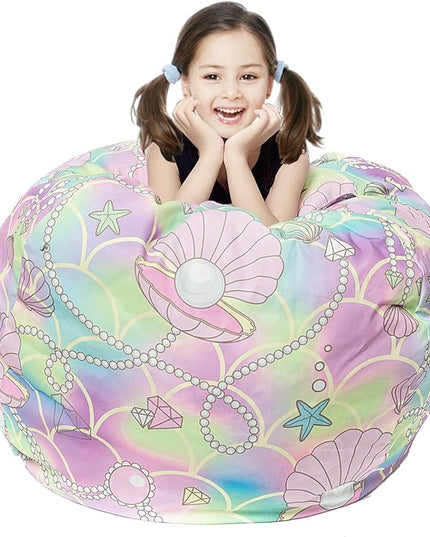 Stuffed Animal Storage Bean Bag Chair Cover, Hold Kids Plush Toys Blankets Towels Beanbag (Cover Only), Canvas Floor Circle Stuff Sit Seat Sofa with YKK Zipper, Extra Large 38", Pink Shell - LeafyLoom