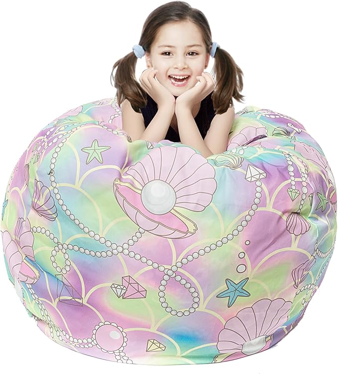 Stuffed Animal Storage Bean Bag Chair Cover, Hold Kids Plush Toys Blankets Towels Beanbag (Cover Only), Canvas Floor Circle Stuff Sit Seat Sofa with YKK Zipper, Extra Large 38", Pink Shell - LeafyLoom
