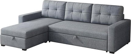 Upholstered Pull Out Sectional Sofa with Storage Chaise,Convertible Linen Corner Couch w/ 3 Movable Back Cushions,L-shaped Reversible Sleeper Sofa Bed,for Living Room Apartment,Light Grey - LeafyLoom