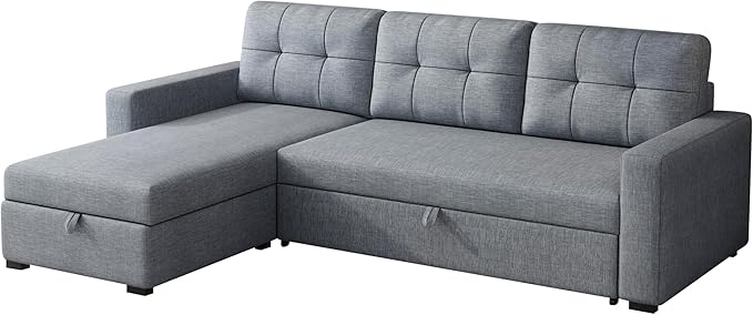 Upholstered Pull Out Sectional Sofa with Storage Chaise,Convertible Linen Corner Couch w/ 3 Movable Back Cushions,L-shaped Reversible Sleeper Sofa Bed,for Living Room Apartment,Light Grey - LeafyLoom