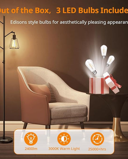 LEPOWER Tree Floor Lamp, Industrial Floor Lamps for Living Room with Multi Head, Dimmable Floor Lamp, LED Standing lamp Edison Bulbs, Pole Tall Lamp for Bedroom Office Black - LeafyLoom