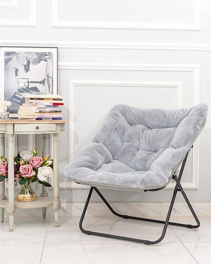 Tiita Comfy Saucer Chair, Soft Faux Fur Oversized Folding Accent Chair, Lounge Lazy Chair for Kids Teens Adults, Metal Frame Moon Chair for Bedroom, Living Room, Dorm Rooms, X-Large, Grey - LeafyLoom