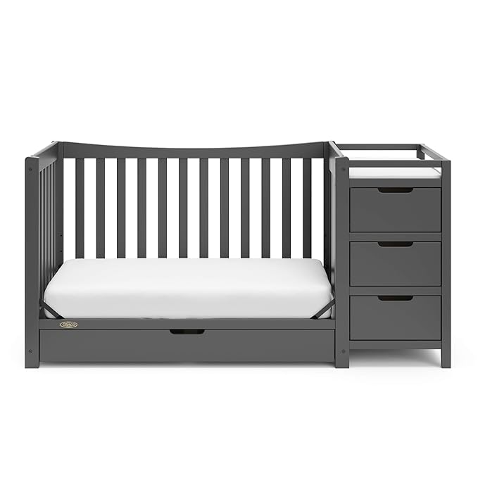 Graco Remi 4-in-1 Convertible Crib & Changer with Drawer (Gray) – GREENGUARD Gold Certified, Crib and Changing -Table Combo, Includes Changing Pad, Converts to Toddler Bed, Daybed and Full-Size Bed - LeafyLoom