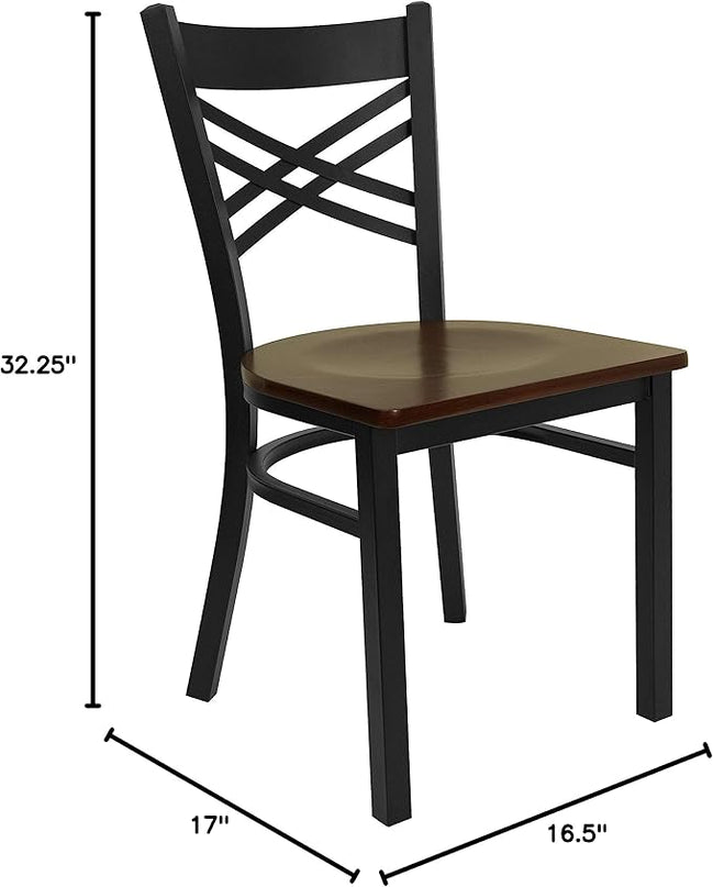 Flash Furniture 2 Pack HERCULES Series Black ''X'' Back Metal Restaurant Chair - Mahogany Wood Seat - LeafyLoom