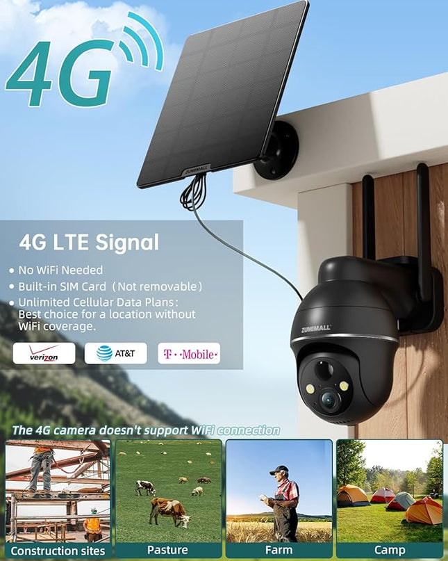 ZUMIMALL 4G LTE Cellular Solar Security Camera Wireless Outdoor, 2K No WiFi Security Camera Solar Powered with Color Night Vision, 2-Way Talk, Motion Alert, Cloud, SIM Included（US Version） ZUMIMALL