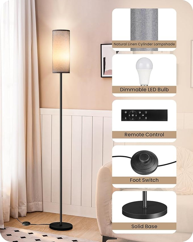 Dimmable Floor Lamp for Living Room, Corner Floor Lamp with Remote, 66'' Standing Tall Lamp, Linen Lampshade, 10W 800LM LED Bulb for Bedroom Study, FCC Listed, Black and Gray H06LD05 - LeafyLoom