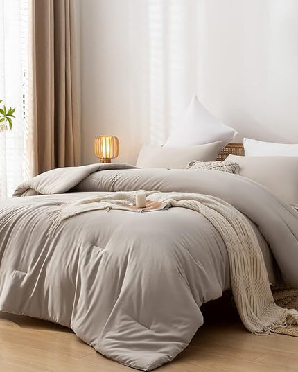 King Comforter Set Tannish Grey Solid Color Lightweight Bedding Comforter Sets 3pcs (1 Comforter, 2 Pillowcases) Soft Microfiber Down Alternative Comforter for All Season - LeafyLoom