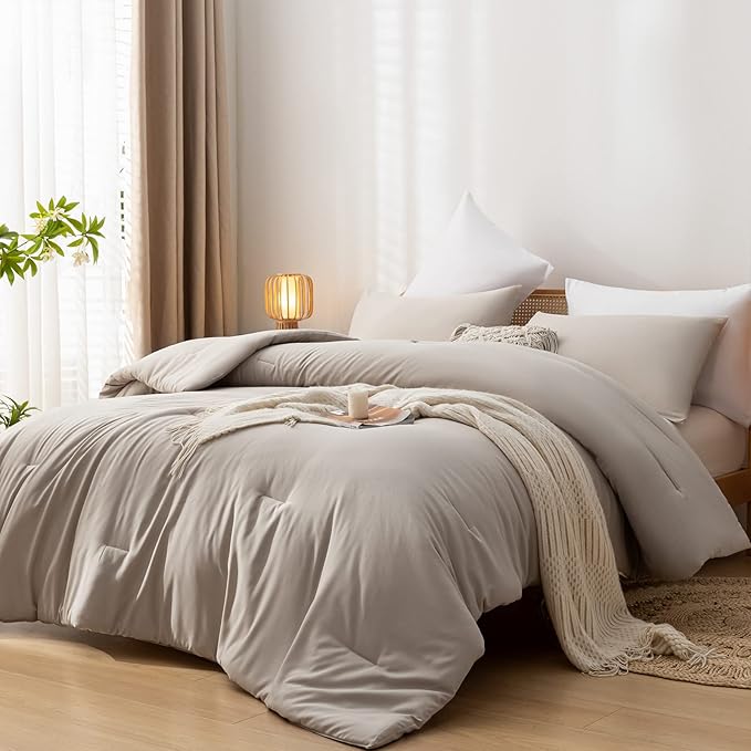 King Comforter Set Tannish Grey Solid Color Lightweight Bedding Comforter Sets 3pcs (1 Comforter, 2 Pillowcases) Soft Microfiber Down Alternative Comforter for All Season - LeafyLoom