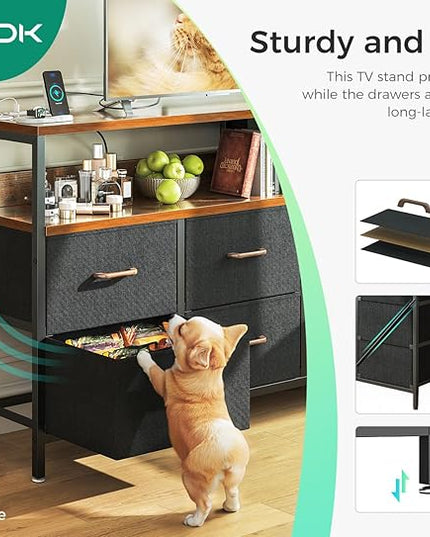 AODK Dresser with Charging Station, 52-Inch Long Dresser for Bedroom with 7 Large Fabric Drawers, Entertainment Center with Open Shelves for 55-Inch TV for Living Room, Black and Vintage - LeafyLoom
