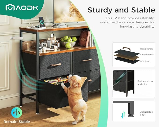 AODK Dresser with Charging Station, 52-Inch Long Dresser for Bedroom with 7 Large Fabric Drawers, Entertainment Center with Open Shelves for 55-Inch TV for Living Room, Black and Vintage - LeafyLoom