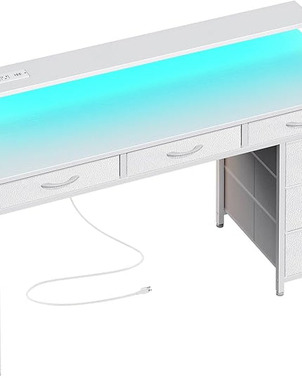 Gaming Desk with 6 Drawers, Computer Desk with LED Lights Power Outlets and Type-C, 47 Inch Office Desk with Storage, Monitor Stand, Writing Desk Work Desk Home Office, Bedroom, Study, White - LeafyLoom