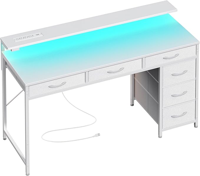 Gaming Desk with 6 Drawers, Computer Desk with LED Lights Power Outlets and Type-C, 47 Inch Office Desk with Storage, Monitor Stand, Writing Desk Work Desk Home Office, Bedroom, Study, White - LeafyLoom