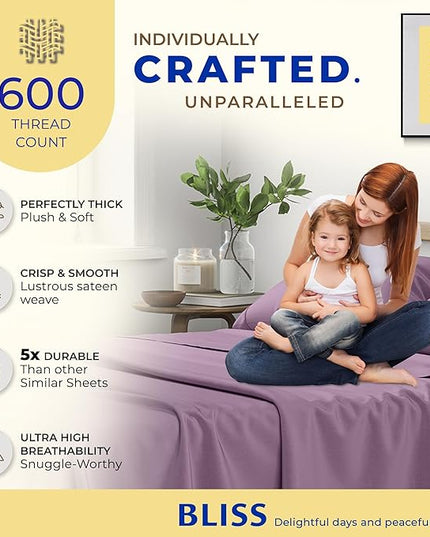THREAD SPREAD Luxury Egyptian Cotton Sheets Twin XL Size - 600 Thread Count 3 PC Twin XL Sheets Deep Pockets, Extra Soft, Cooling Extra Long Staple Sateen Weave College Dorm Bedding Twin XL - Plum - LeafyLoom