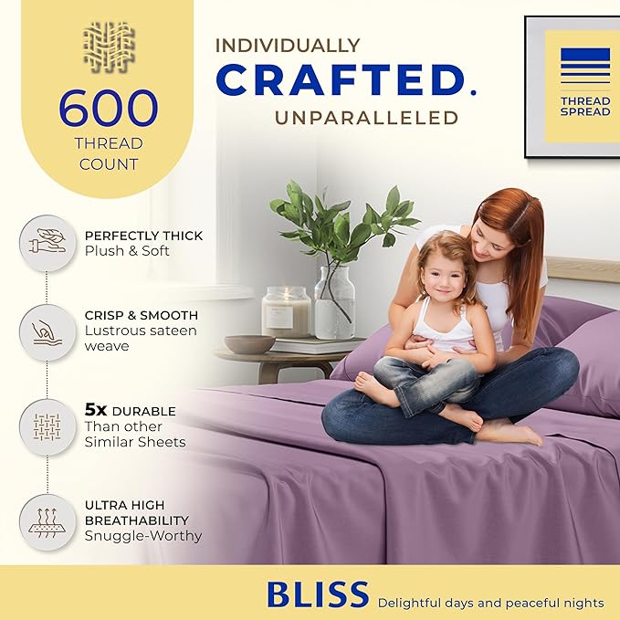 THREAD SPREAD 100% Egyptian Cotton Sheets Full Size - 600 Thread Count Sheets 4 PC 16" Deep Pocket Full Size Sheets Set, High Thread Count Soft Cooling Sateen Weave Hotel Luxury Sheets Set - Plum - LeafyLoom