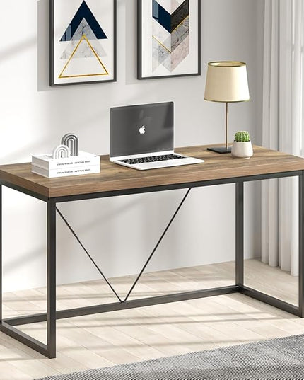 FOLUBAN Modern Computer Desk, Rustic Wood and Metal Writing Desk, Vintage PC Table for Home Office, Oak 55 inch - LeafyLoom