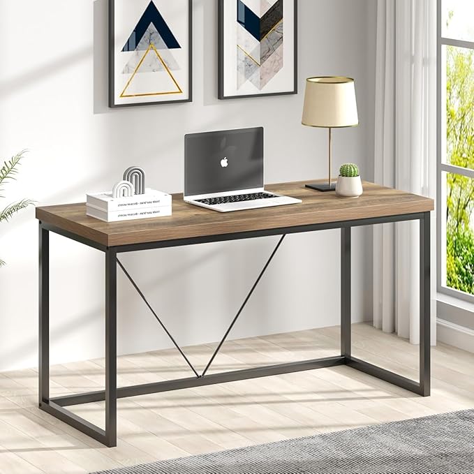 FOLUBAN Modern Computer Desk, Rustic Wood and Metal Writing Desk, Vintage PC Table for Home Office, Oak 55 inch - LeafyLoom