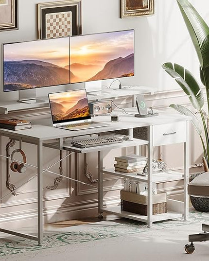 AODK Computer Desk with Keyboard Tray, 48 Inch Office Desk with Power Outlet, Work Desk with Drawer, Reversible Desk with Adjustable Monitor Shelf and Storage Shelf for Home, White - LeafyLoom